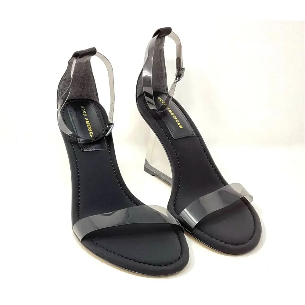 Good‎ American Clear Wedge Slingback Sandals Size 12 Neoprene Black GA283P